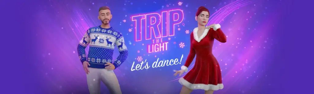 Za wears a blue holiday sweater. Vironica is wearing a santa dress. Trip the Light logo in pink neon sign, and Let's Dance! is written below. Purple and pink motion streaks in background.