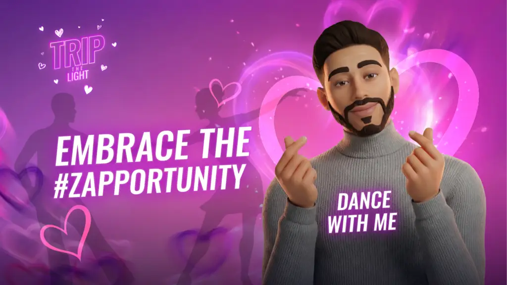 Game character Za, with hands in little korean heart shape. Embrace the #Zapportunity. Underneath Za it reads, dance with me.